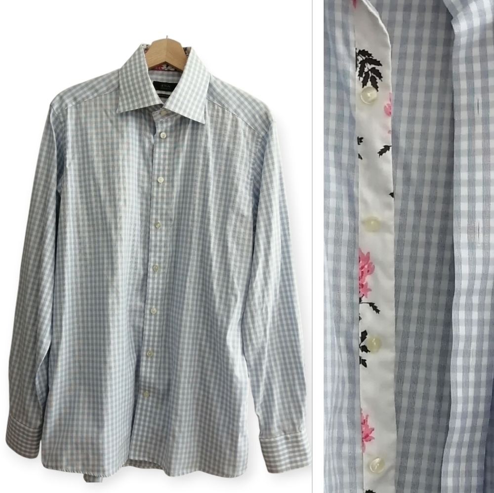 Eton Men's Contemporary Fit Blue White Plaid Dress Shirt Floral Trim 16.5 34/35